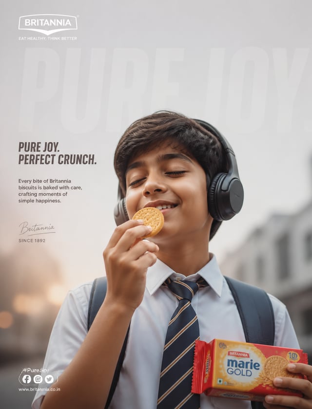 A hyper-realistic premium advertising poster featuring a cheerful schoolchild enjoying their favorit