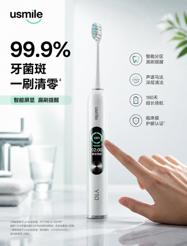 usmile「每一次刷牙，都是数据的胜利」【格式】高端快消品社交媒体广告，4:5 竖版，Instagram 主视觉，商业产品广告，4A 级美术指导，Behance 首页品质，8K UHD，超写实，摄影