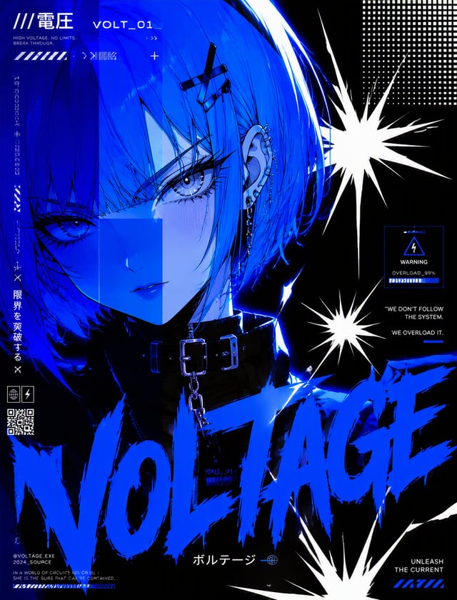 Electric Blue & Jet BlackAnime girl with short electric blue bob haircut and sharp silver eyes, vivi