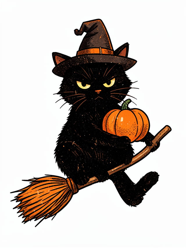 A grumpy black cat wearing a tiny witch hat, holding a small orange pumpkin, sitting on a broomstick