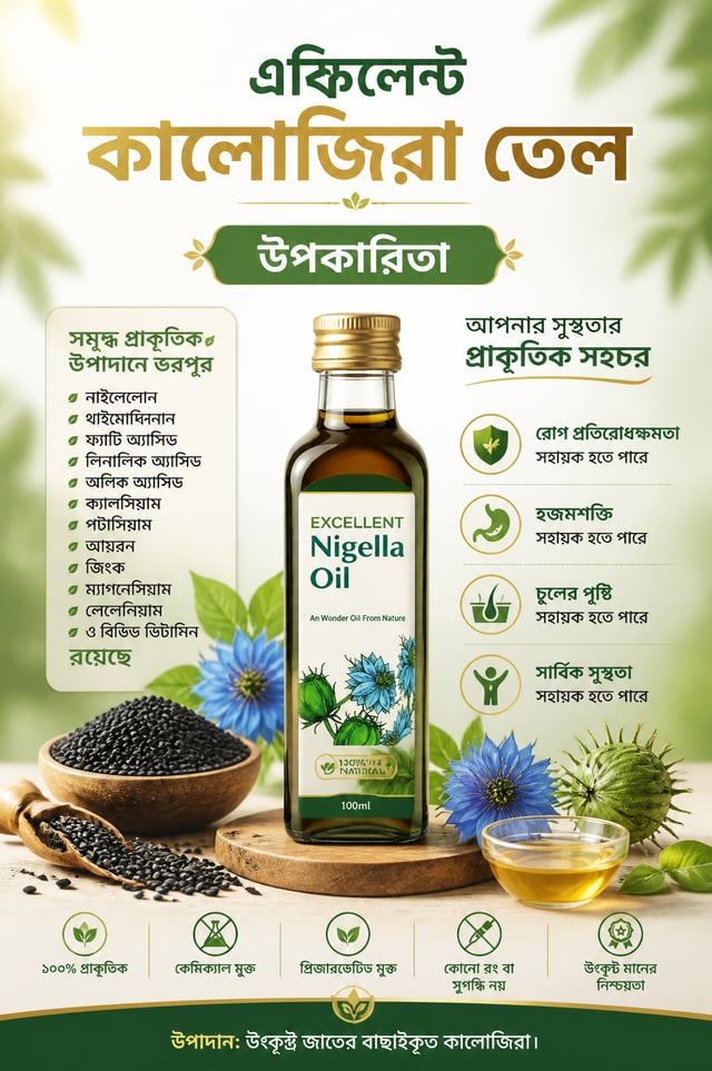 এক্সিলেন্ট কালোজিরা তেলের জন্য একটি পরিষ্কার, আধুনিক ও বিশ্বাসযোগ্য বাংলা স্বাস্থ্যসচেতনতা পোস্টার ত