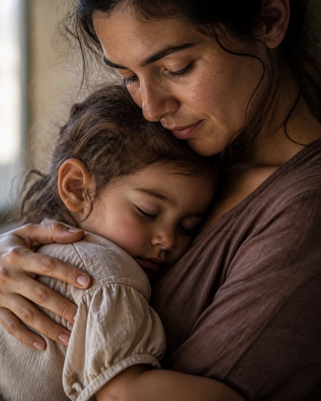 SUBJECT: a mother and child in a warm embrace, child's face peaceful against her shoulder, mother's 
