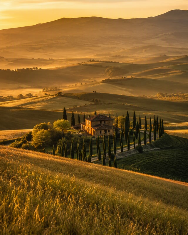 Create a breathtaking realistic travel photograph of the rolling Tuscan hills at golden hour, rows o
