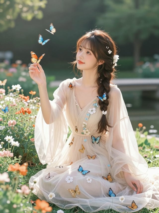 池に面した花園で、蝶と小花を刺繍した淡い生成り色の透明ドレスを着た若い女性が座り、手のひらへ蝶を迎える膝上ポートレート。人物を画面中央へ大きく置き、左前景へ伸びる手、指先の橙色の蝶、周囲を飛ぶ多数の青
