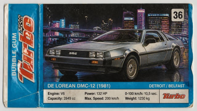 DeLorean DMC-12 (1981) — Детройт / БелфастUltra-realistic vintage Turbo chewing gum wrapper featurin