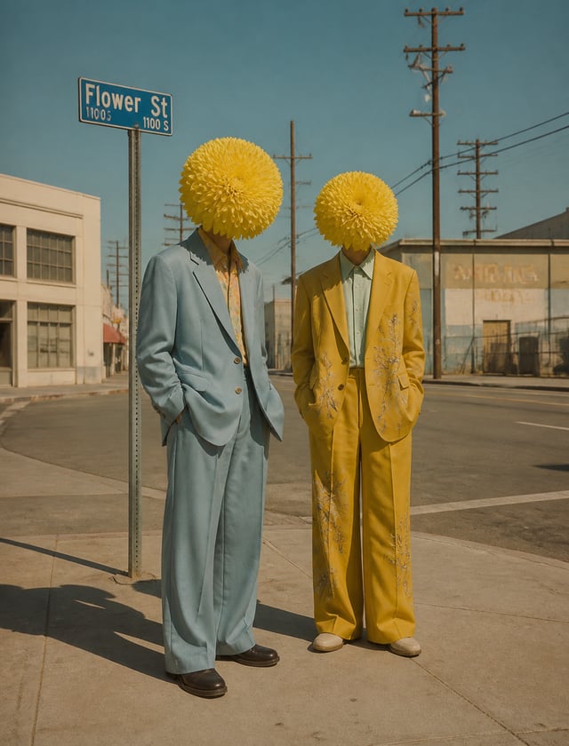 A cinematic still of two people with yellow chrysanthemum heads, wearing pastel blue and mustard-col