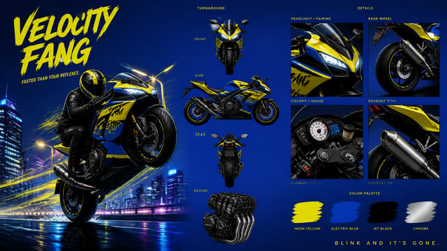 Create a premium cinematic vehicle bible sheet for a sport bike named VELOCITY FANG. Use the uploade