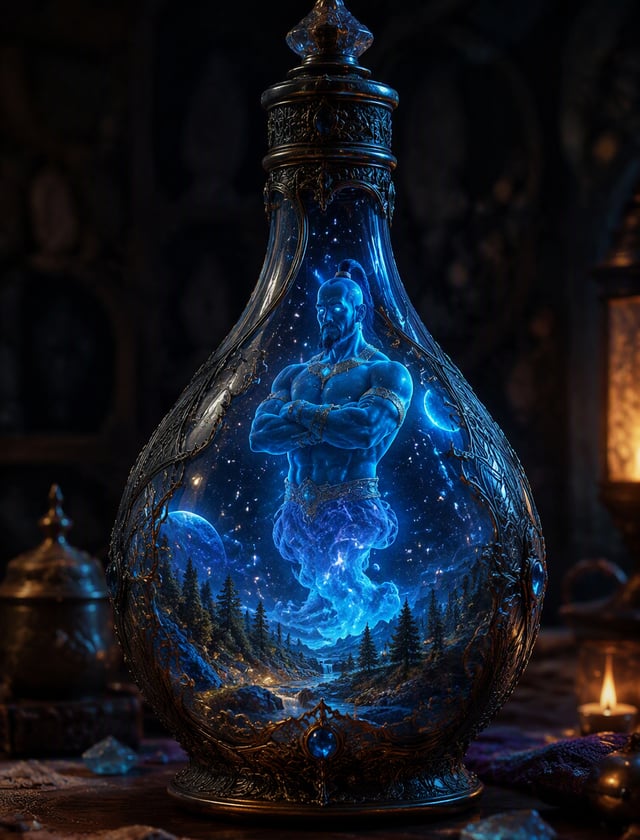 A cinematic shot of a dark, ancient crystal bottle. Inside the bottle sits a blue genie. The genie i