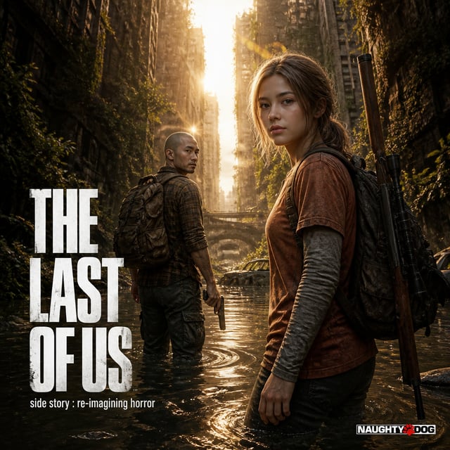 "A detailed, hyper-realistic vertical cinematic poster for 'The Last of Us,' set in a flooded, overg