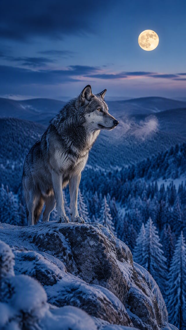 A breathtaking wildlife photograph of a lone wolf standing atop a snowy ridge at twilight, breath fo