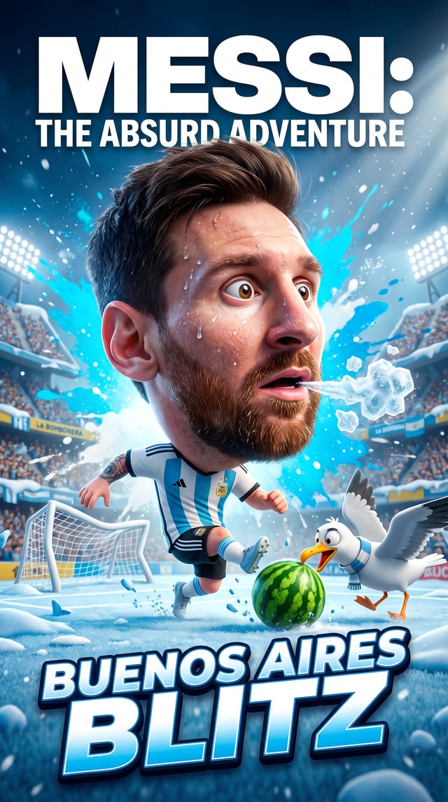 Create a 9:16 full-bleed editorial action poster that captures everything about Lionel Messi—but not