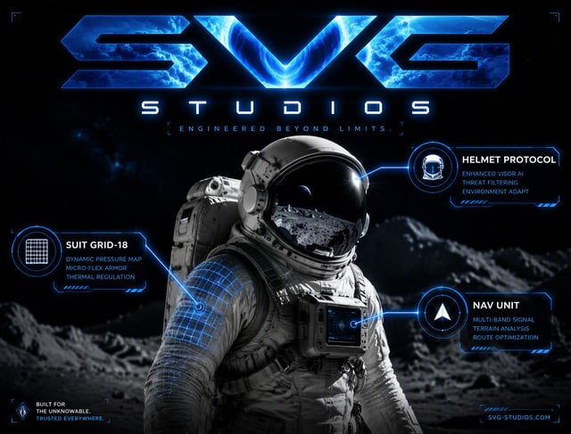 A high-contrast ad for a technical brand. A photo of an astronaut is shown, and specific elements ar