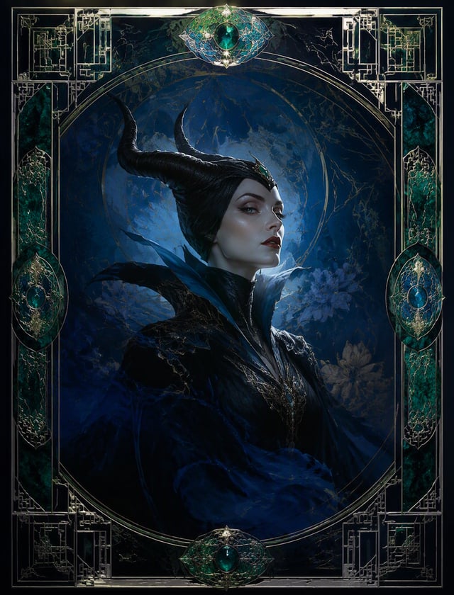 Masterpiece digital illustration of the villainess Maleficent, depicted with intricate detail on a t