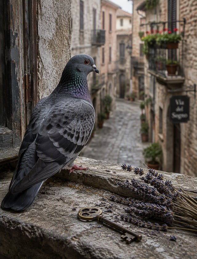 A gray dove with iridescent plumage sits perched on a weathered stone windowsill, its head turned sl
