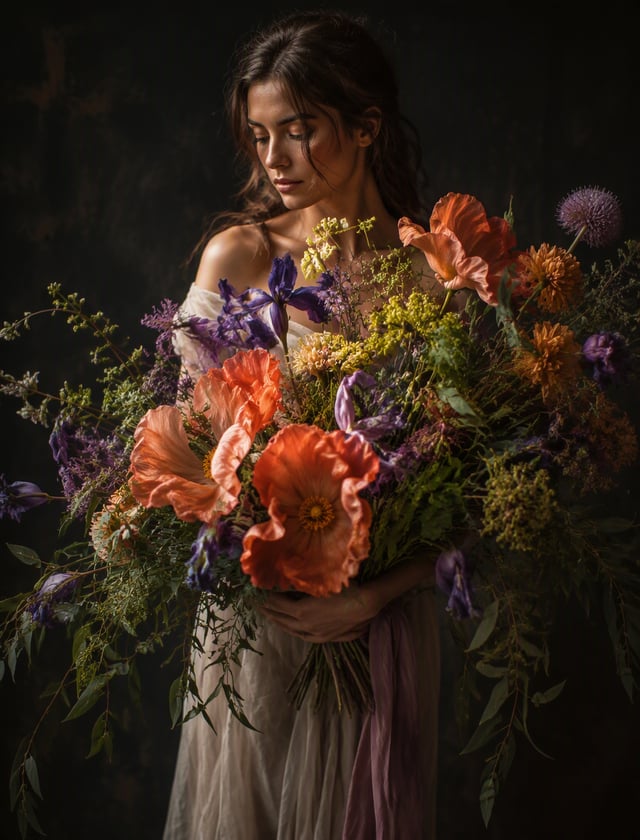 "A photograph depicting a woman centrally positioned, gently cradling an extraordinarily large and v