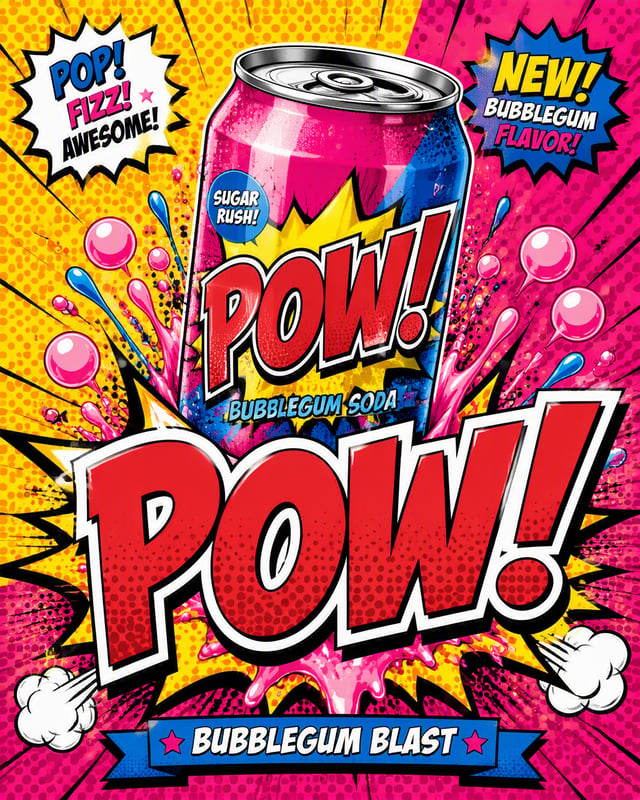 Create a bold pop-art advertising poster for a fictional bubble-gum soda "POW!". FORMAT: 4:5 vertica