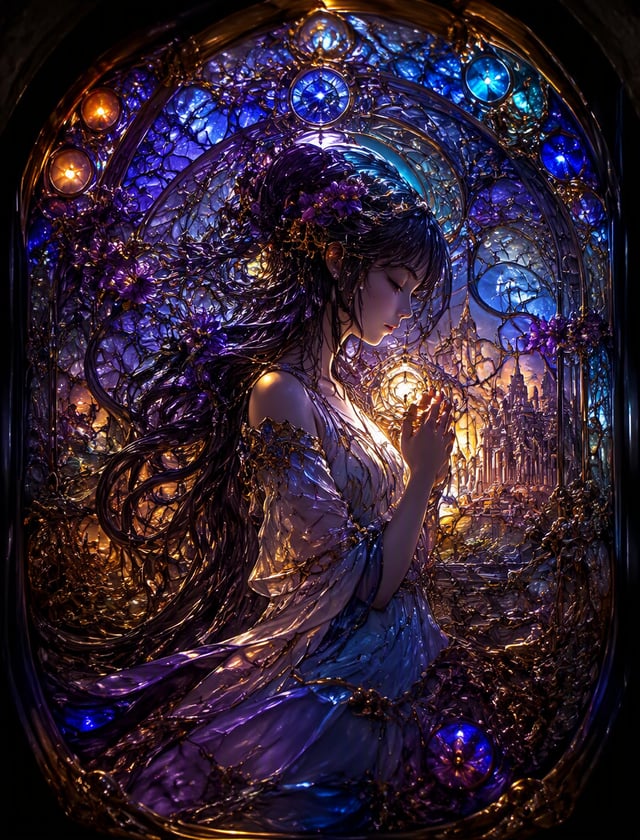 Hyperrealist digital illustration of a bas-relief oil painting rendered on polished crystal, featuri