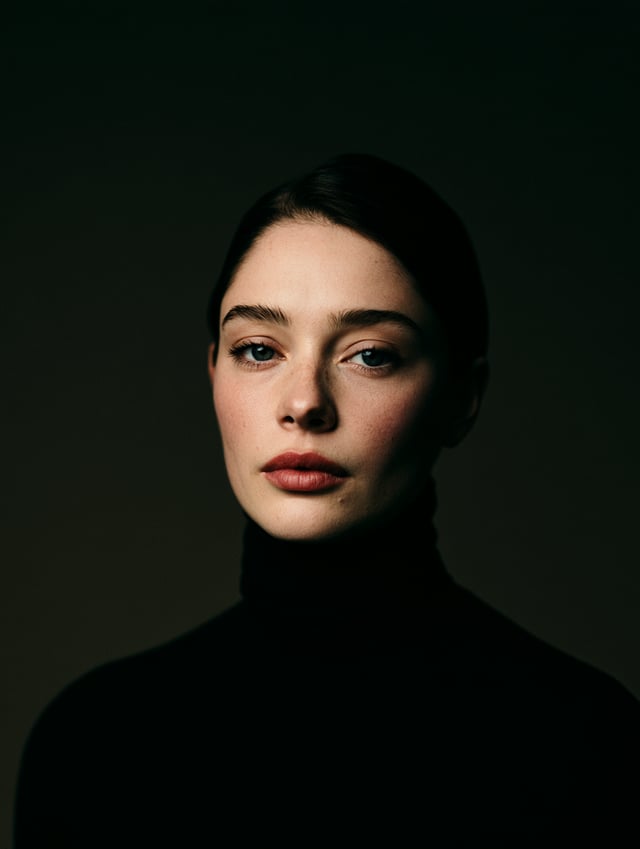 fashion editorial photography, front shot, upper body, professional female model, shot with hasselbl