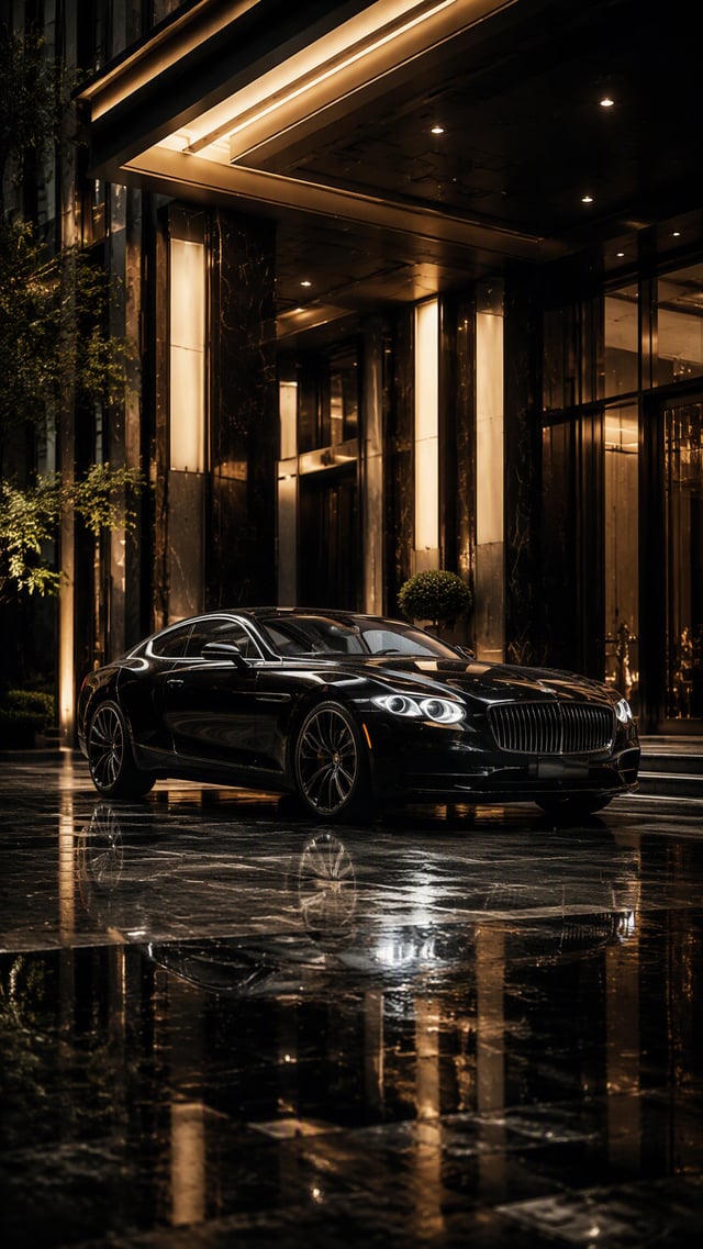 Luxury automotive photography, an elegant black ultra premium grand touring car parked in front of a