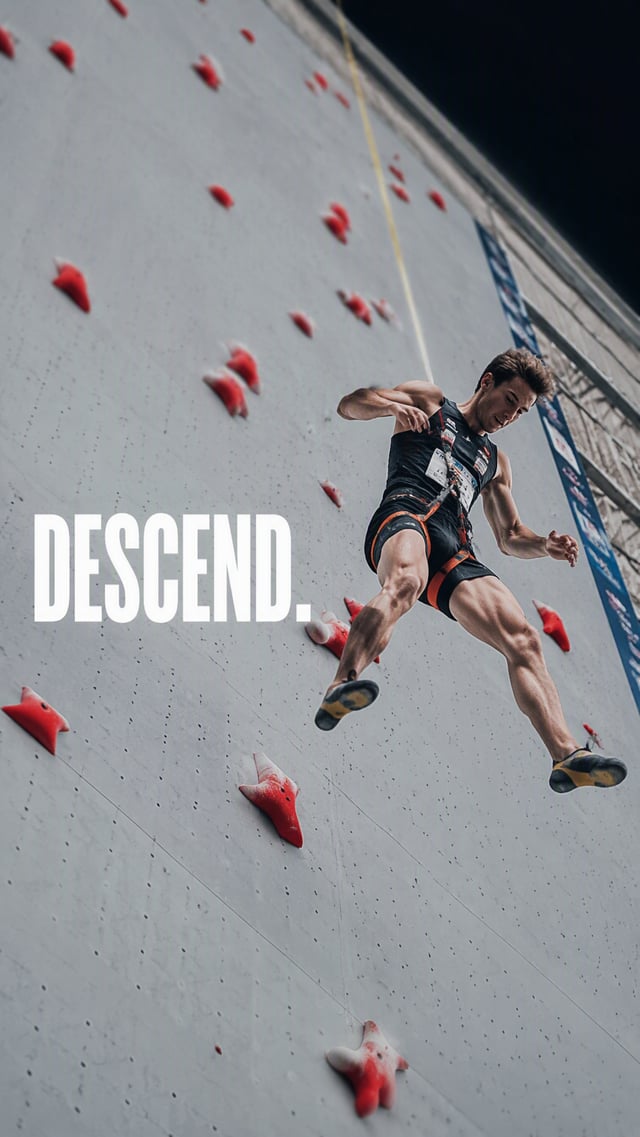 Create a premium 9:16 sports editorial.Main Subject:Young male speed climber descending a vertical c