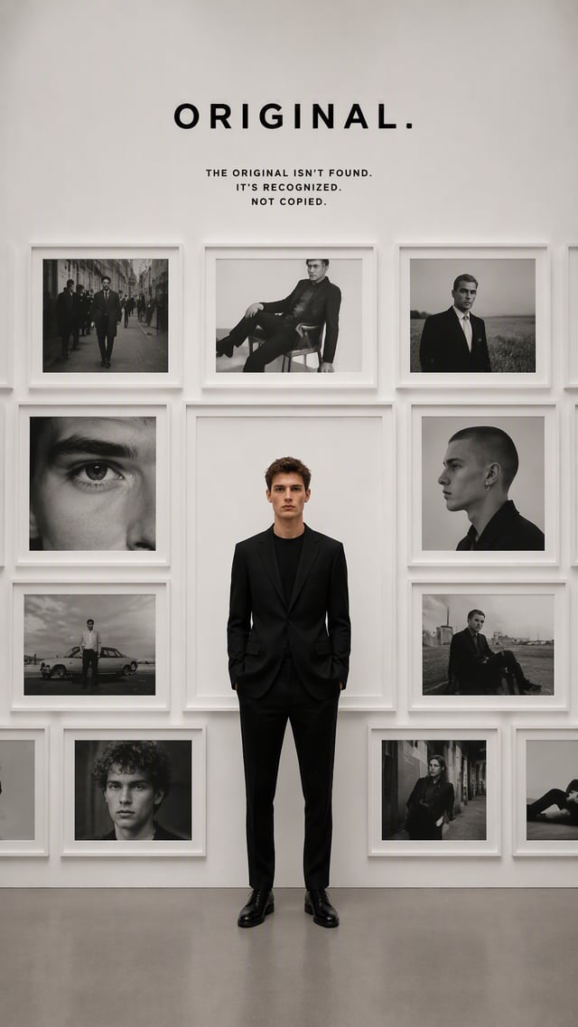 Premium editorial campaign.Main Subject: Young male model wearing a minimalist black suit.Creative D