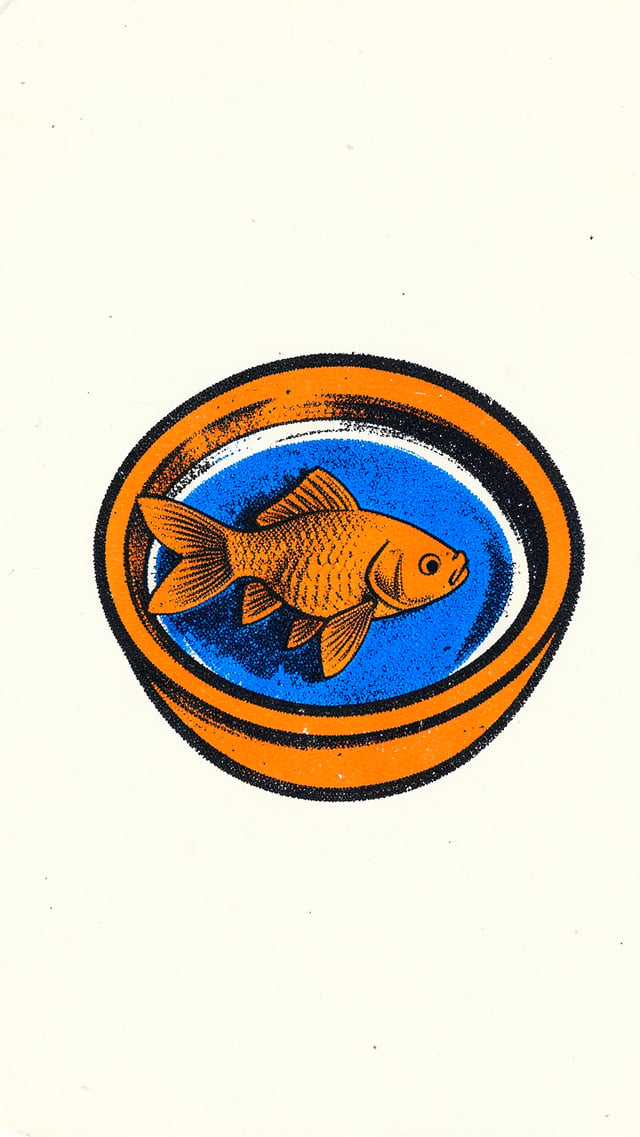 vertical 9:20 risograph print of a single goldfish swimming in a small bowl, using only fluorescent 