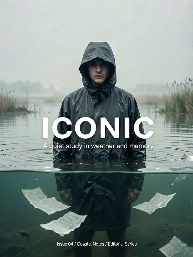 Create a high-end editorial fashion poster with cinematic realism and a quiet, haunting mood. The co