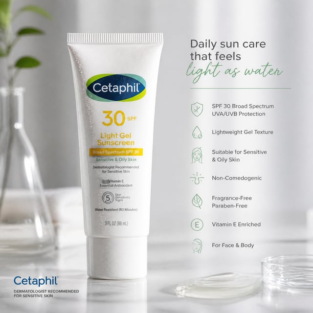 Create a premium skincare product advertisement image featuring Cetaphil SPF 30 Light Gel sunscreen.