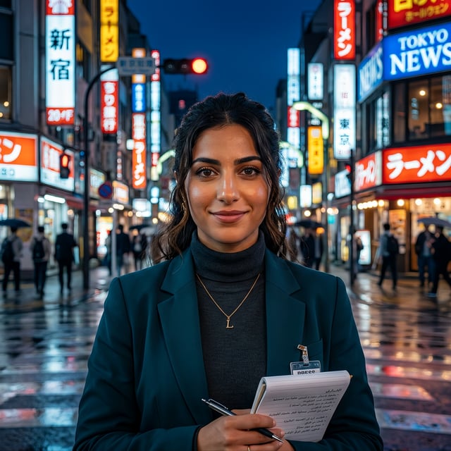 Ultra realistic portrait of a ambitious Middle Eastern journalist, against a neon-lit Tokyo street a