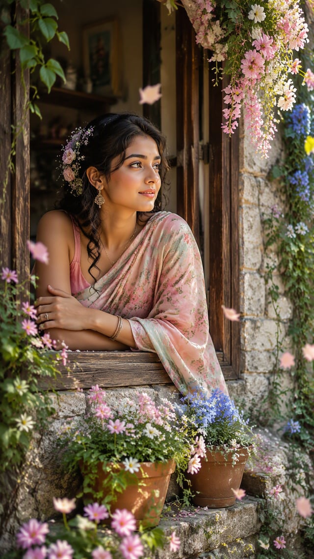A beautiful young South Asian woman leaning on a rustic wooden window of a vintage stone cottage, we