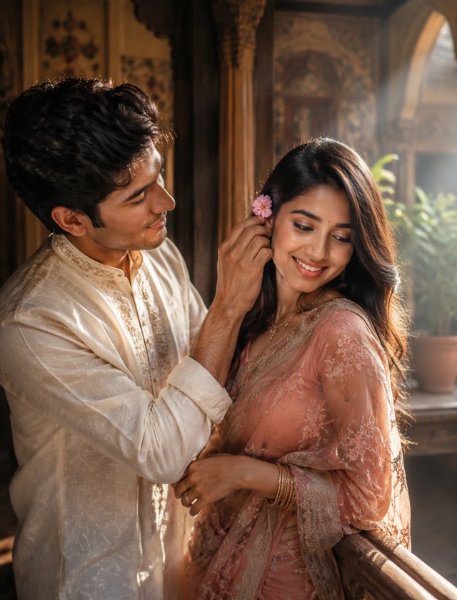 Ultra-realistic cinematic portrait of a young South Asian couple sharing a tender romantic moment in
