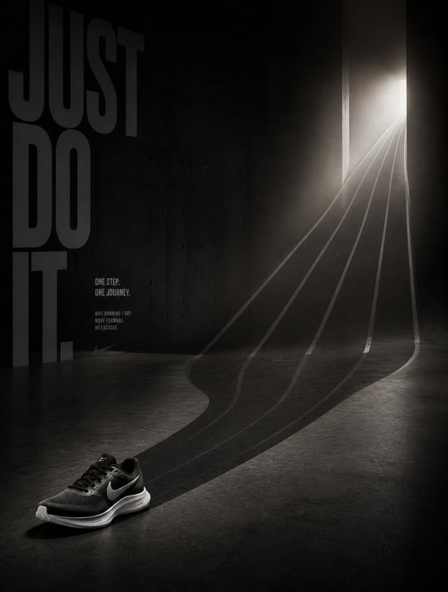Create an exceptionally sophisticated, high-end Nike advertising poster designed as a global premium