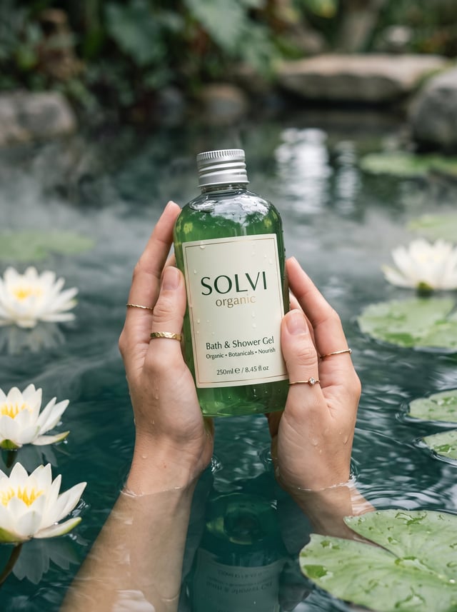 Luxury product photography of a green translucent bath and shower gel bottle held gently by two femi