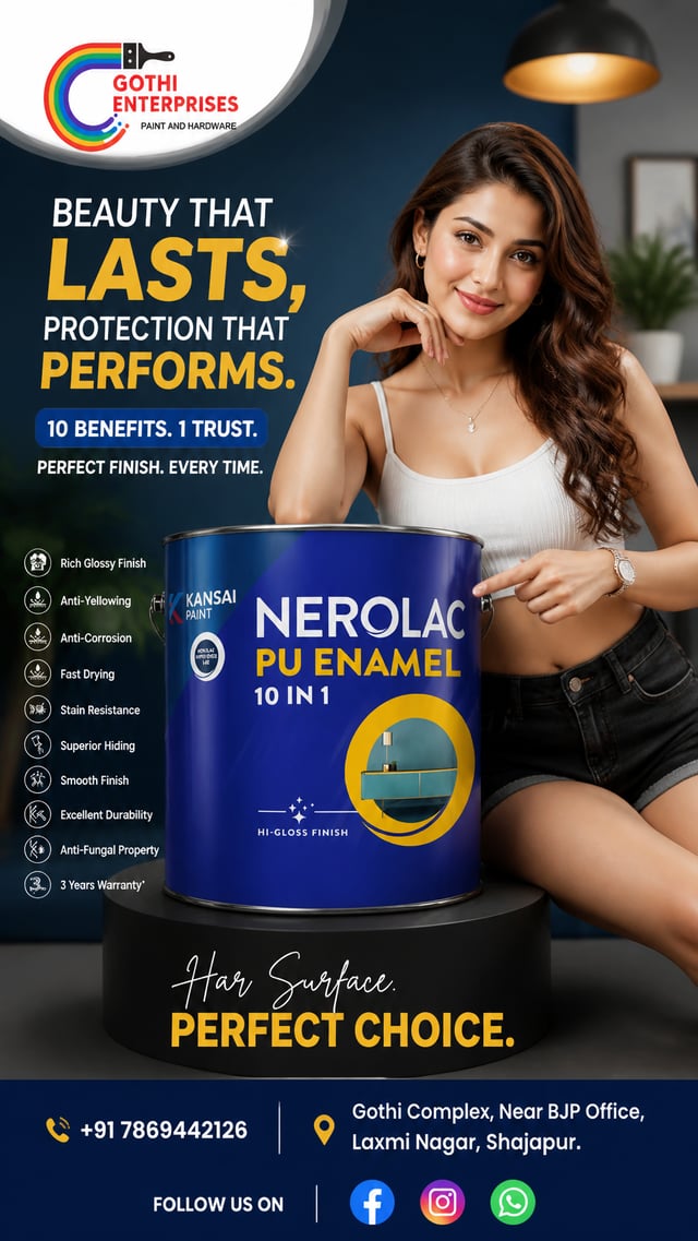 Create a creative commercial advertising poster for Gothi Enterprises, a Nerolac PU Enamel 10 in 1 ,