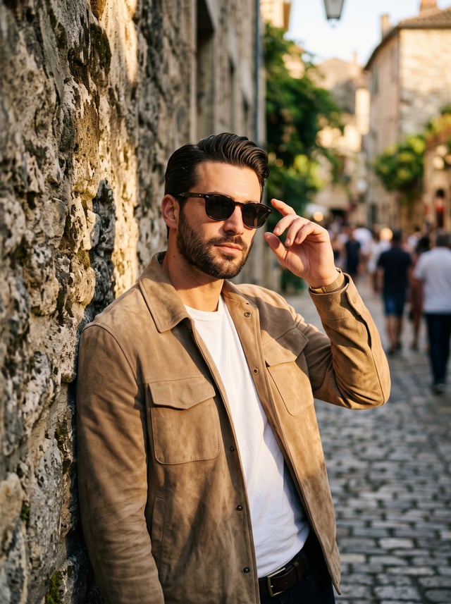 A cinematic golden hour portrait of a stylish man leaning against a textured stone wall, wearing dar