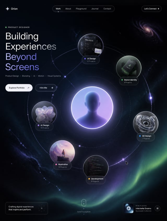 Create an ultra-premium portfolio hero section where all creative work orbits around the designer li