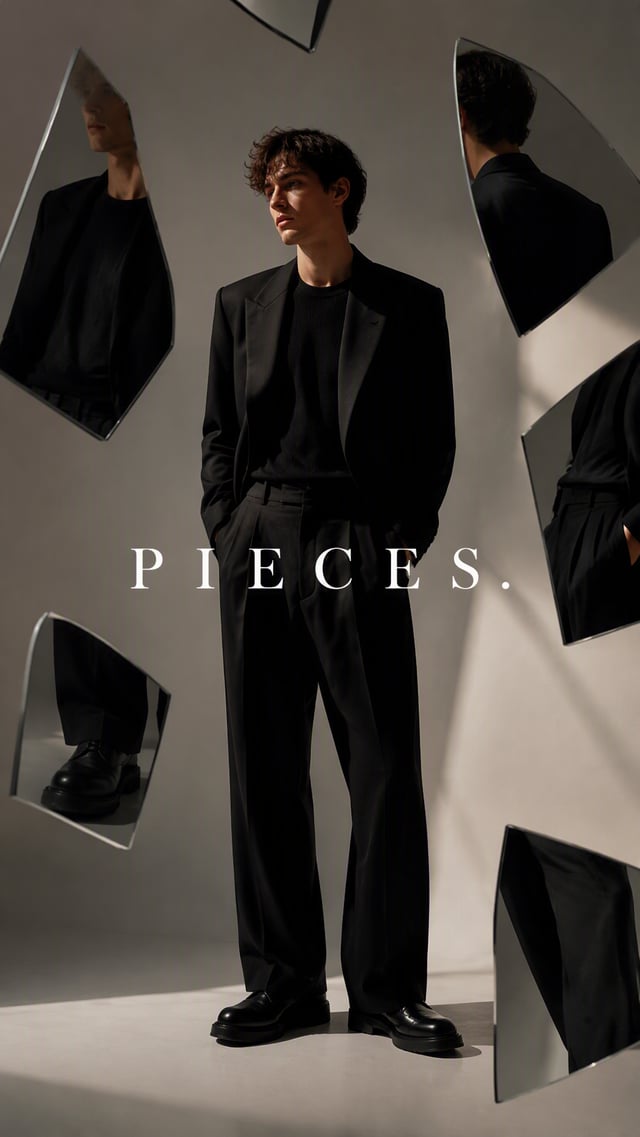 Create a premium 9:16 conceptual editorial portrait of a young male model standing against a neutral