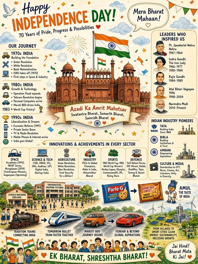 independence day with indian flag ,best monument ,70's india ,80's india 90's india with the inovati