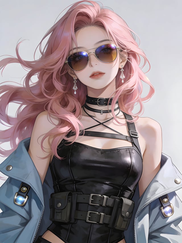 A stylish anime woman faces the viewer in a confident, relaxed pose, her voluminous pink hair cascad