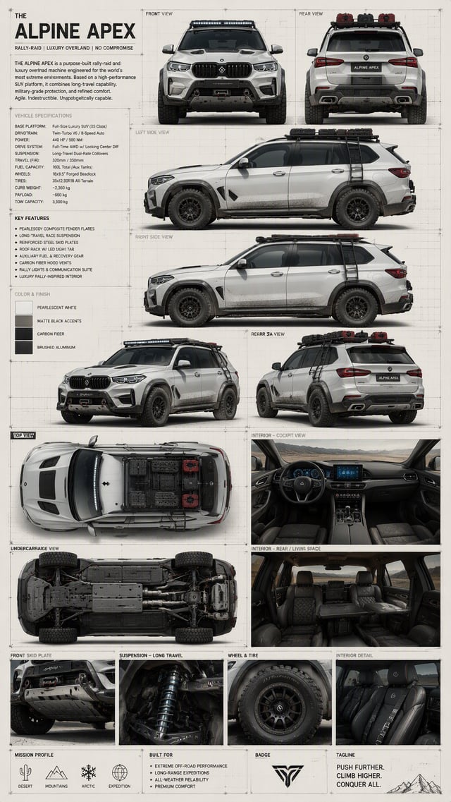 Create a professional vehicle character-bible sheet for a heavily modified rally-raid and luxury ove