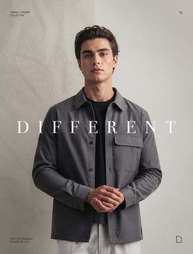 Luxury editorial.Main Subject: Young male model wearing a smoke-grey overshirt.Creative Direction: O