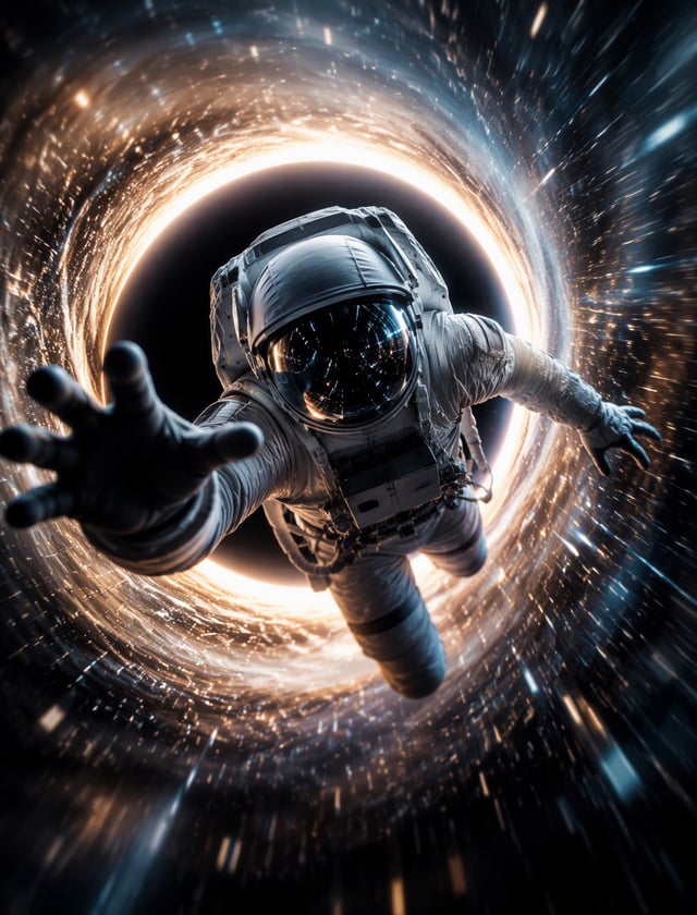 abstract full body astronaut in space suit flying at us from the event horizon