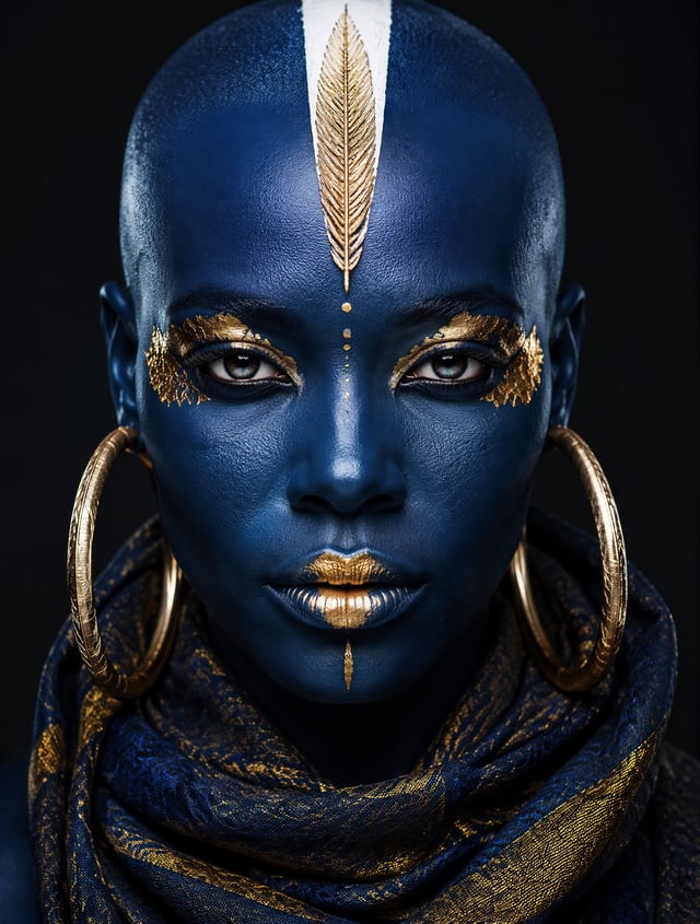 [A striking close-up studio portrait of a bald Black woman with deep blue skin, high-fashion avant-g