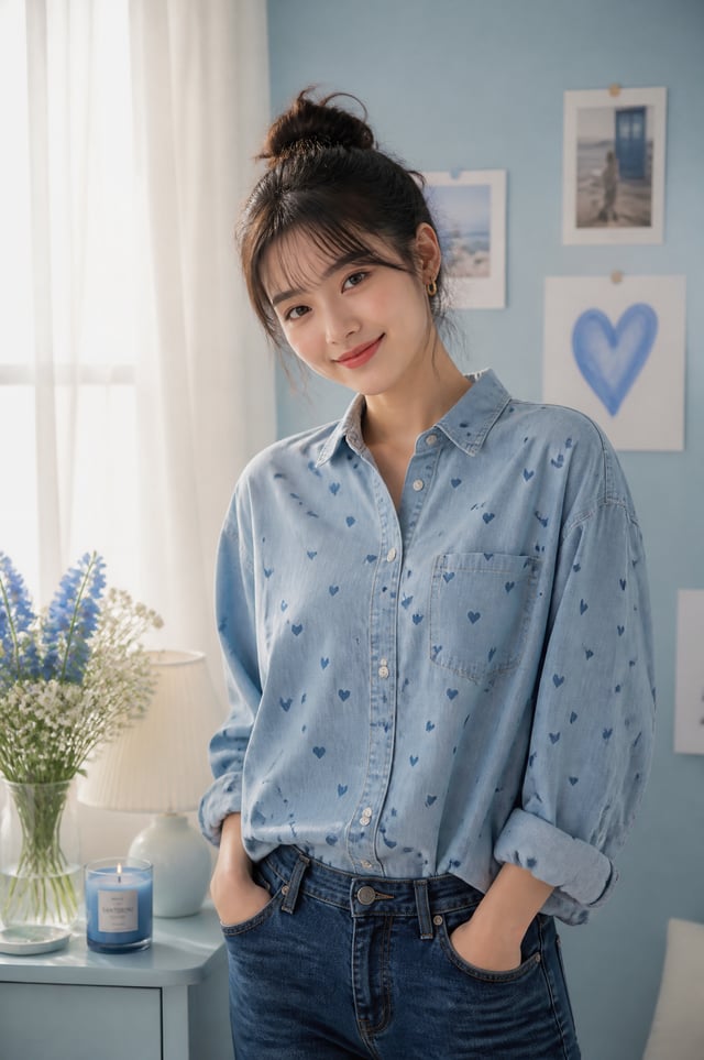A medium portrait of a charming young East Asian woman in her early 20s with a gentle smile and a sl