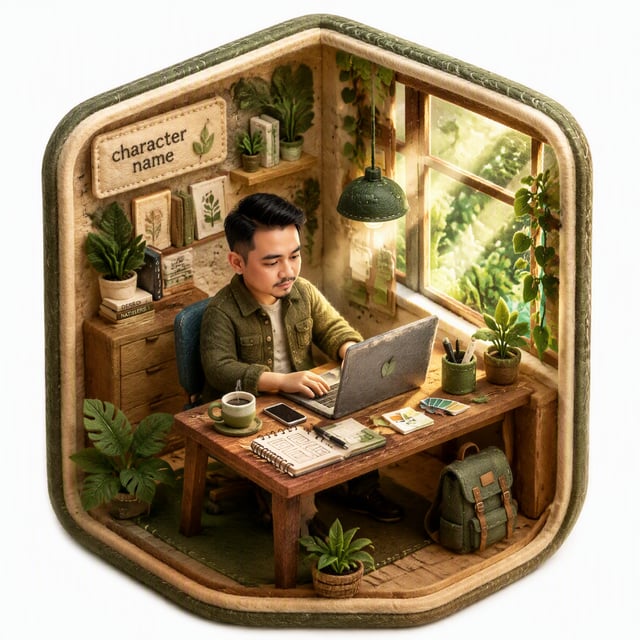 Create a 3D isometric diorama illustration of an original character named [Character Name], peaceful