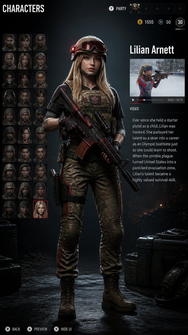 A detailed, high-resolution photo of a modern, military-themed video game character selection menu. 