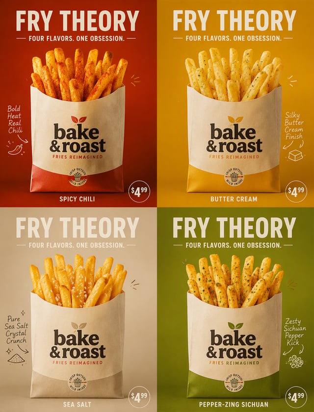 Create an ultra-premium 2x2 four-panel promotional poster for a fictional fries brand called bake & 