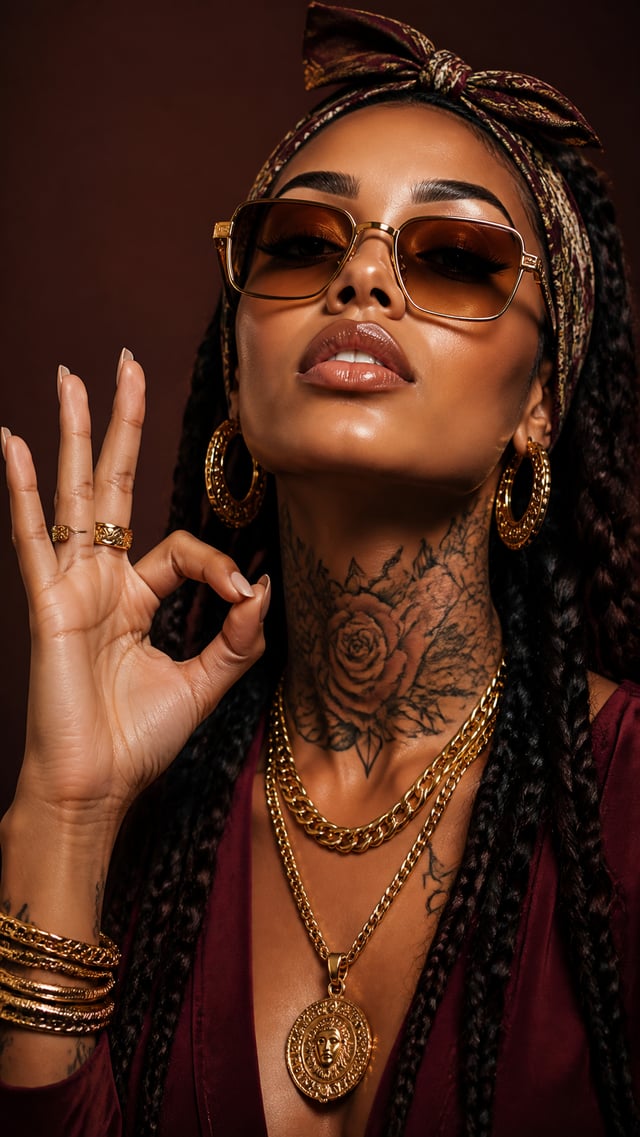 Photorealistic close-up portrait of a glamorous young woman with warm brown skin, looking slightly u