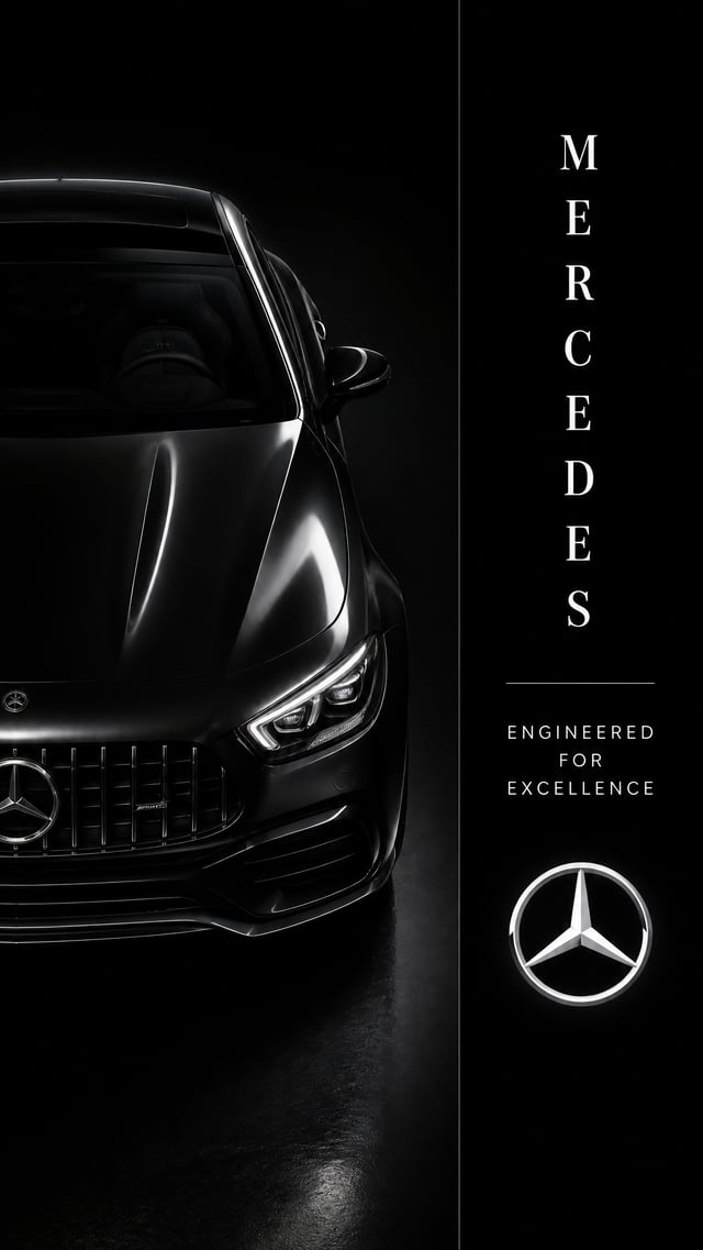 A black Mercedes-AMG performance coupe emerges from near-total darkness on the left half of a vertic