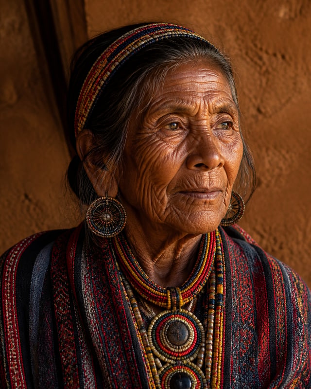 Create an ultra-realistic cinematic portrait of an elderly woman with deeply lined, storytelling fea